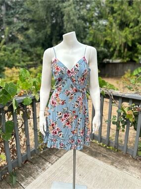 B-O-G Collective Blue Floral Wrap Dress Ruffle Hem Cami Straps Size S